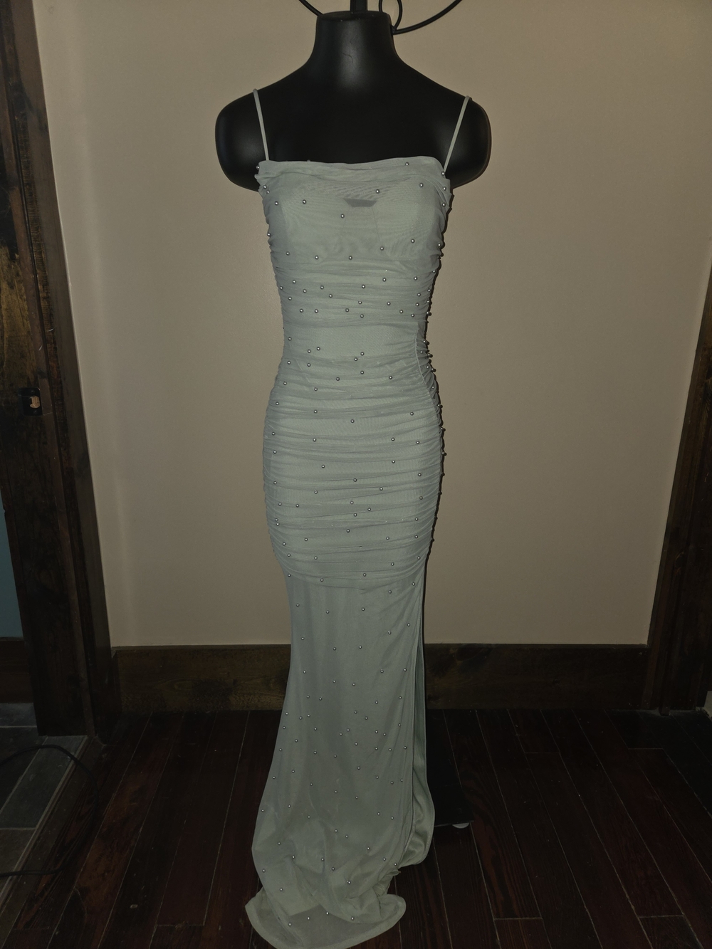 Windsor - Mellie Faux Pearl Strapless Beaded Sage Green Evening Gown